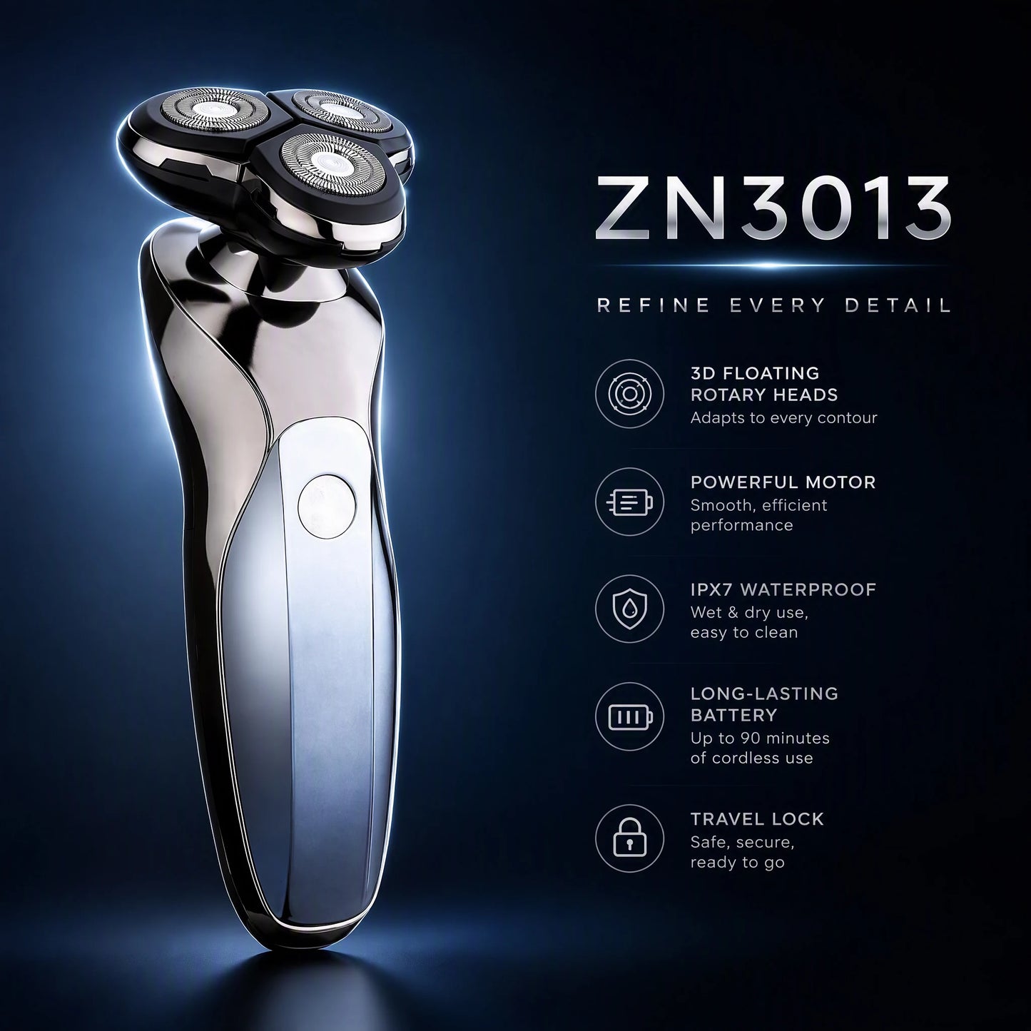 MENGLIR 3016 Mini Rotary Shaver 3 Blades IPX6 Waterproof Li-ion Battery 90-Minute Runtime USB Rechargeable Portable Grooming Kit