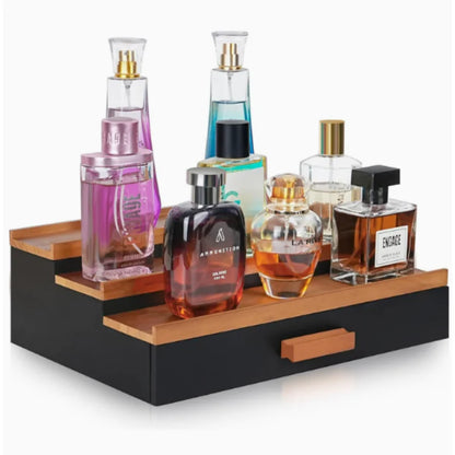 3or4 Layer Wooden Step Perfume Organizer with Drawer, Desktop Tiered Cologne Display Rack