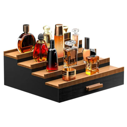 3or4 Layer Wooden Step Perfume Organizer with Drawer, Desktop Tiered Cologne Display Rack