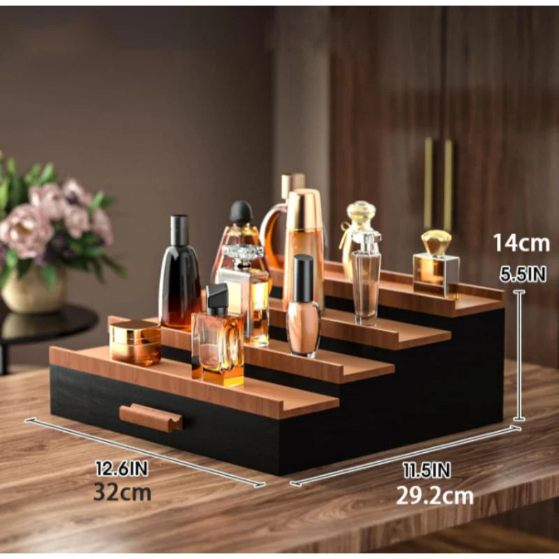 3or4 Layer Wooden Step Perfume Organizer with Drawer, Desktop Tiered Cologne Display Rack