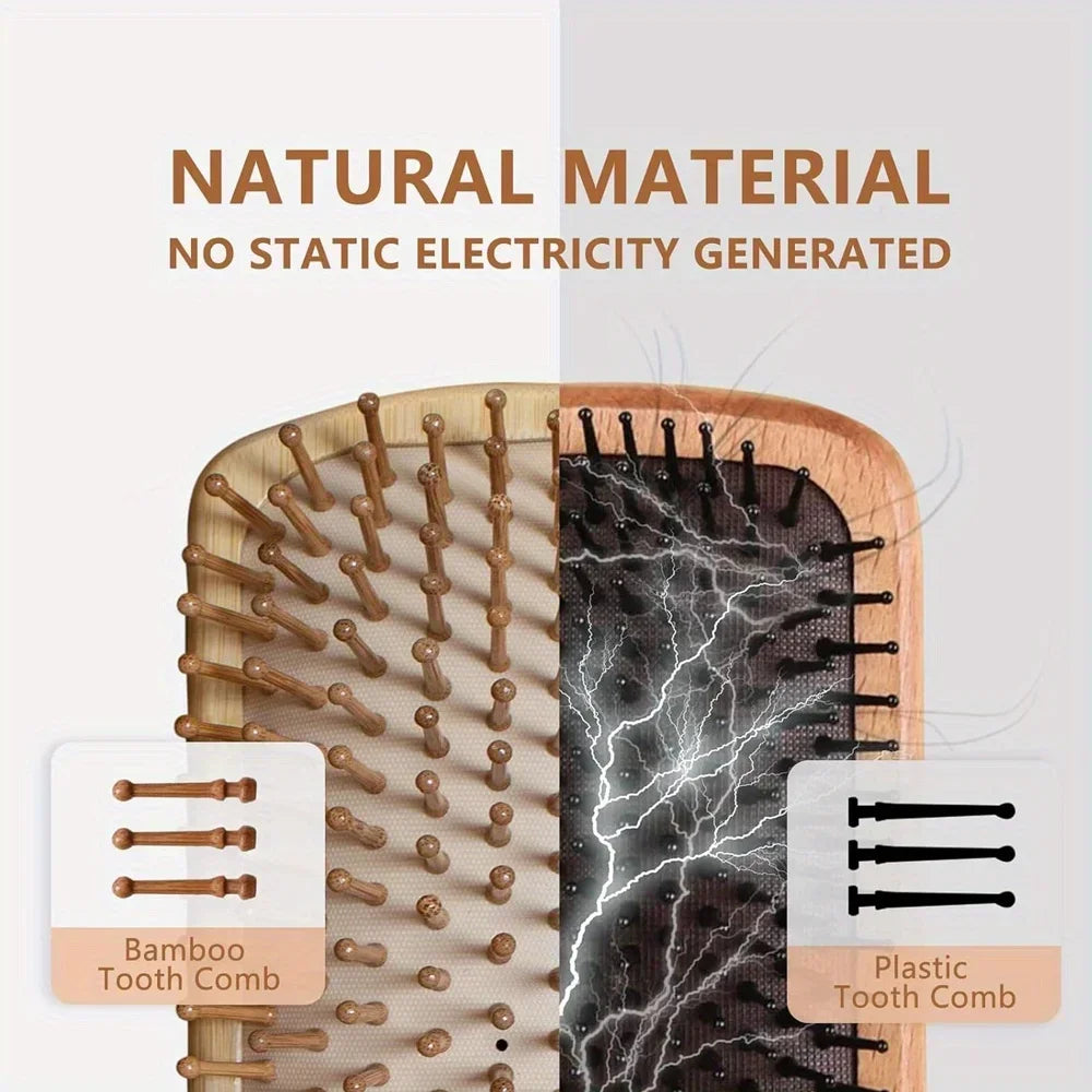 Natural Bamboo Paddle Comb Air Cushion Comb Scalp Massage Anti-Static Tangle Free Comb, Special for Real Hair Wigs