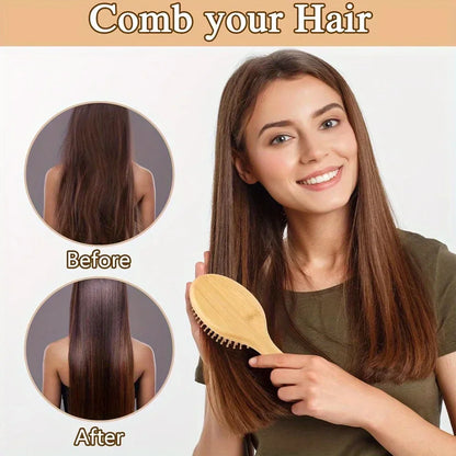 Natural Bamboo Paddle Comb Air Cushion Comb Scalp Massage Anti-Static Tangle Free Comb, Special for Real Hair Wigs